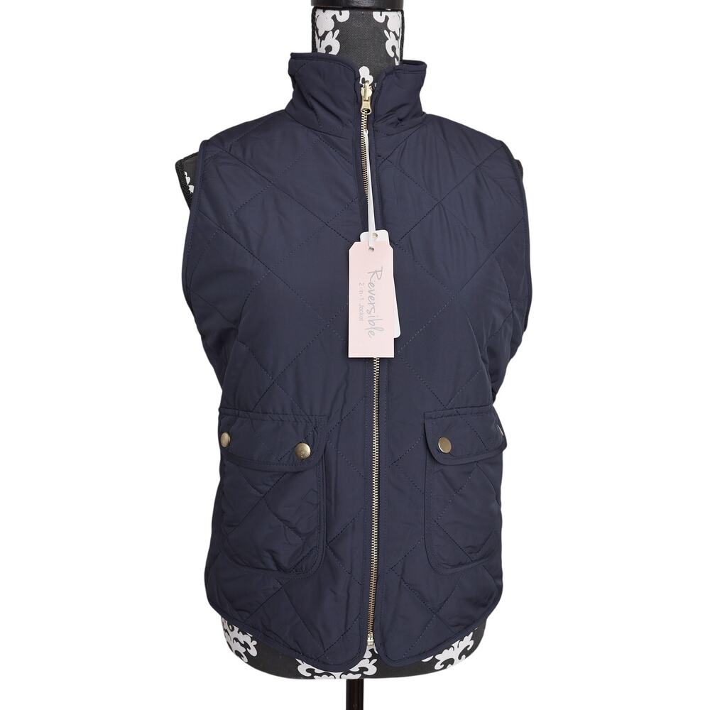 Womens Casual Preppy Reversible Navy Light Blue Quilted Puffer Full Zip Vest - M